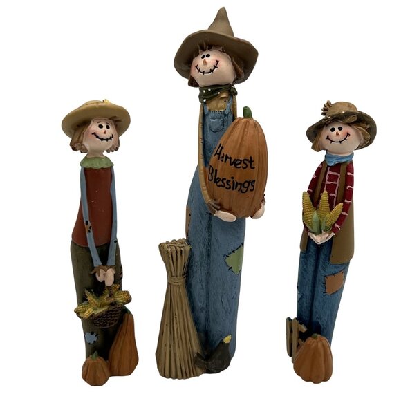 Harvest Blessings RARE Vintage Scarecrow Pencil Figurine Set Folk Art Fall Decor - Picture 1 of 15